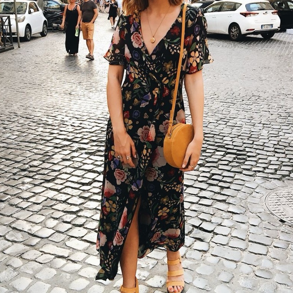 Mango black floral flowy dress with wrap like closure